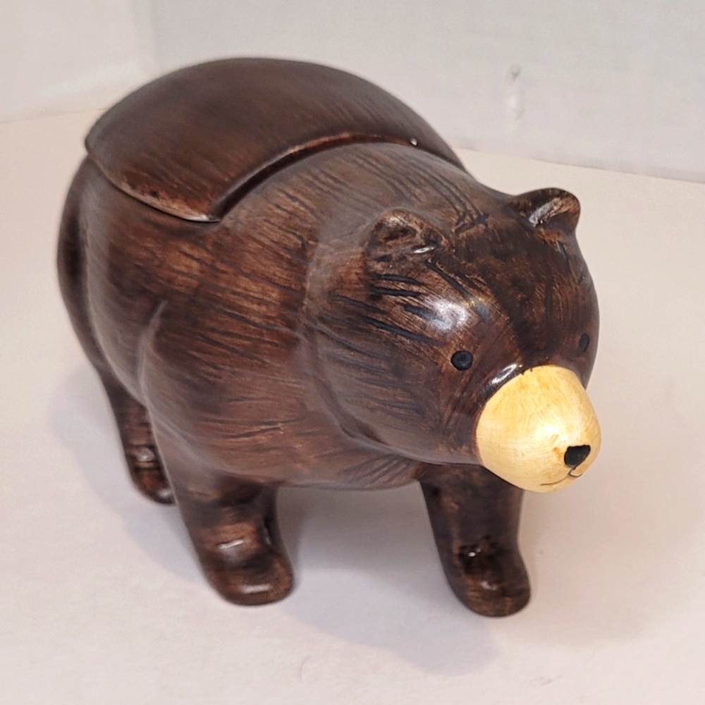 Brown Bear Vintage Sakura Japan Ceramic Trinket Box with Lid Handpainted